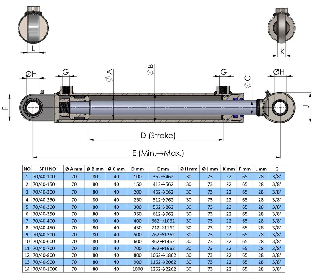 Dobbelvirkende hydraulisk cylinder med industrielle kugleled (70/40)