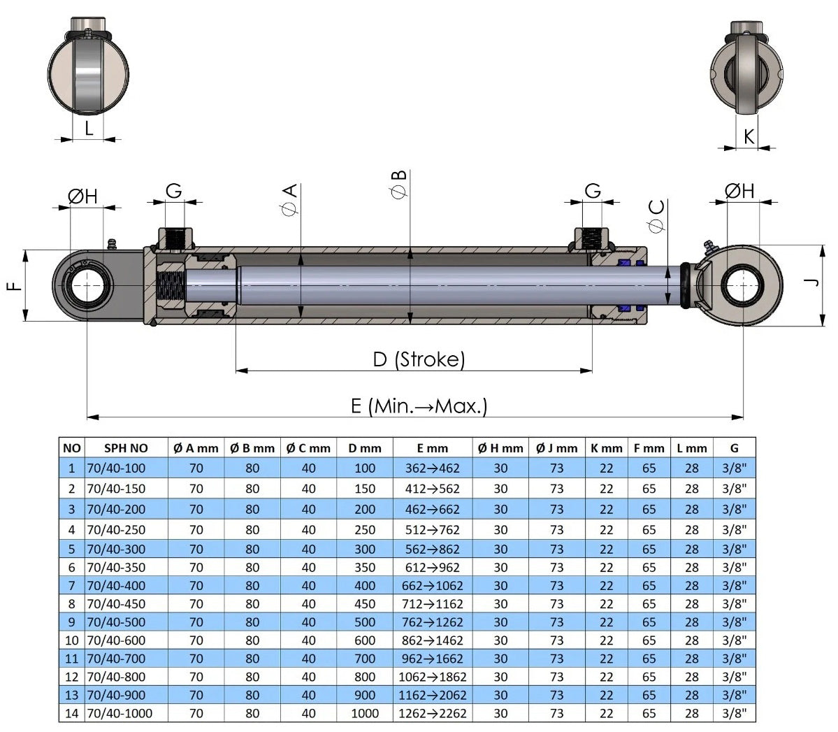 Double Acting Hydraulic Cylinder With Industrial Ball Joints (70/40)