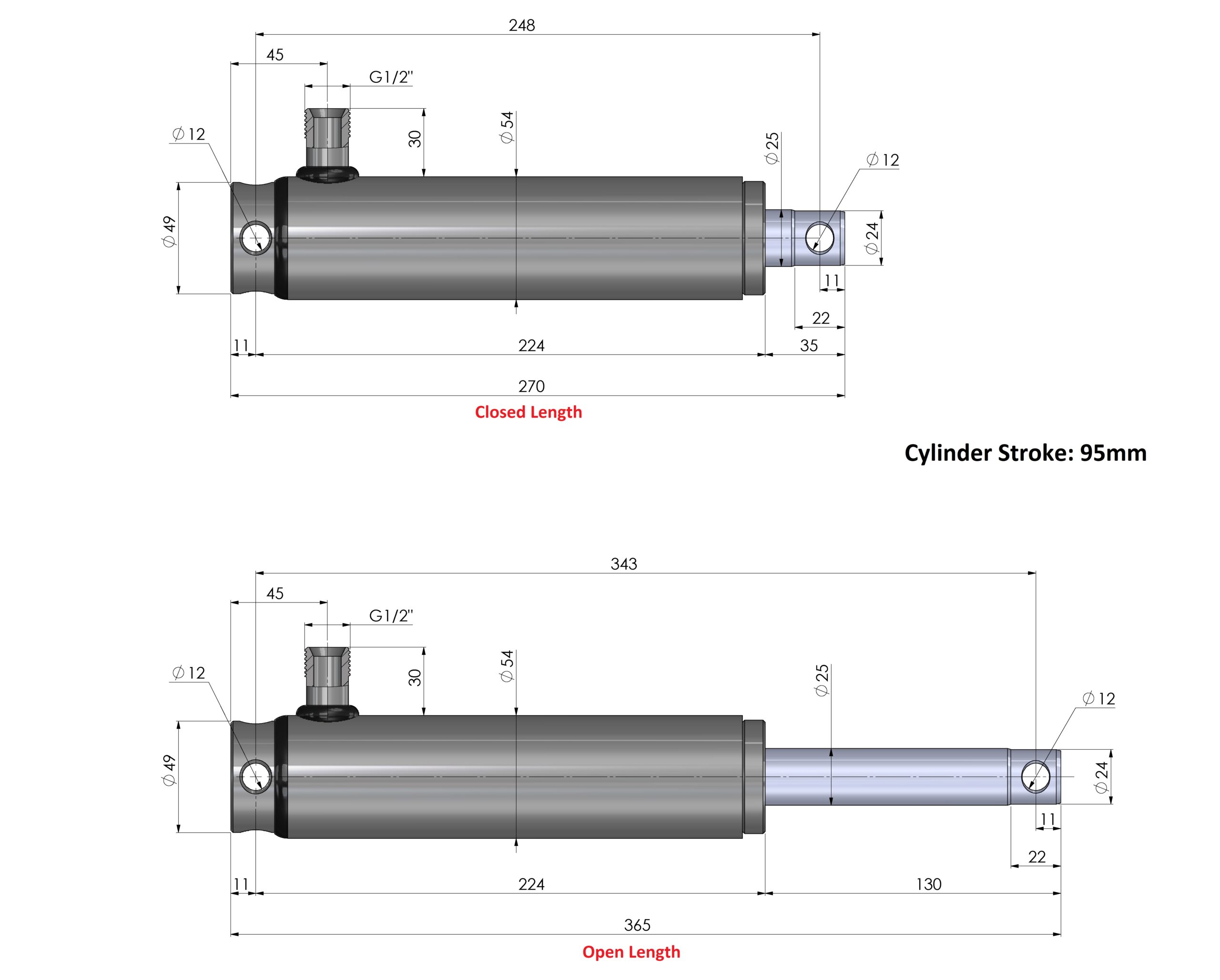 Hydraulik-Zylinder einfachwirkend mit Querbohrung (Ø 30, Hub mm : 250)